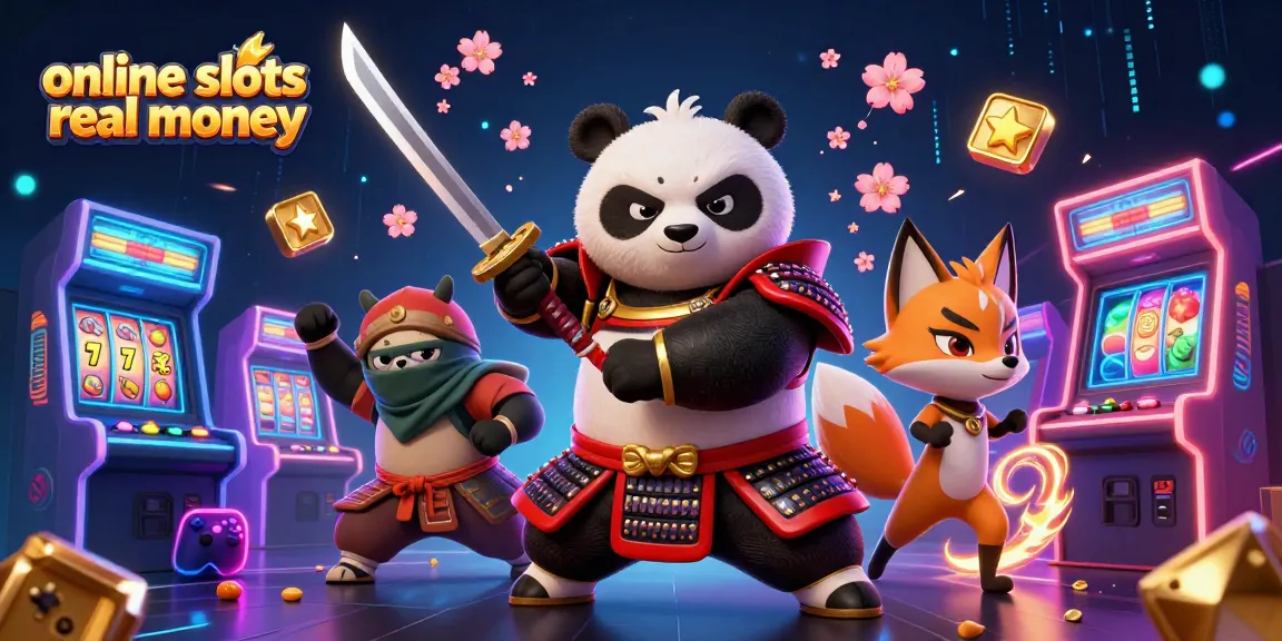 Engaging illustration showcasing online slots real money with samurai panda, ninja fox, and tanuki amidst vibrant casino elements.