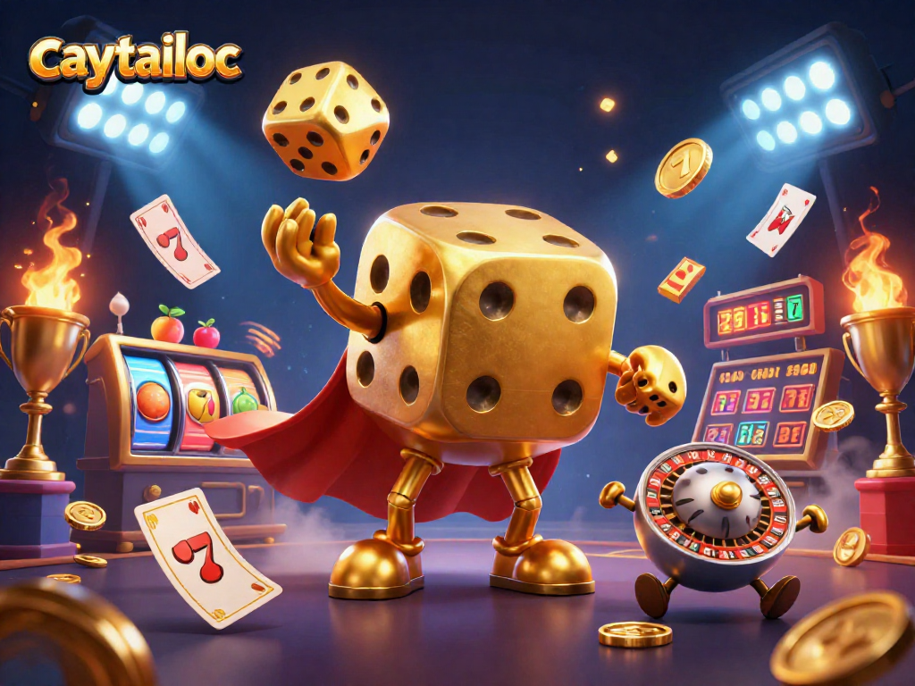 Experience massive wins at caytailoc through dynamic golden dice characters juggling opportunities in a vibrant casino setting.