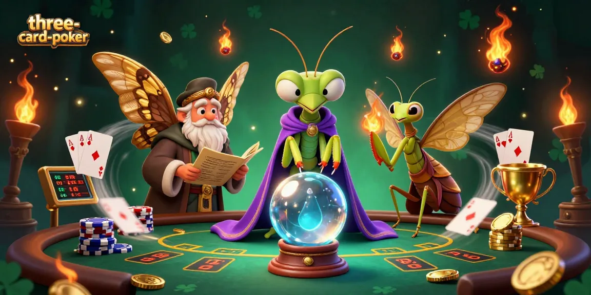 Engage in three-card-poker with a vibrant scene showcasing a fortune teller and librarian in a mystical setting.