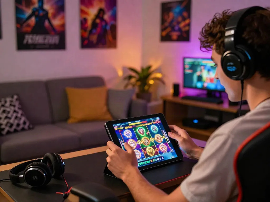 Pengalaman bermain slot gacor gampang menang di ruang tamu yang nyaman, gamer fokus di tablet.
