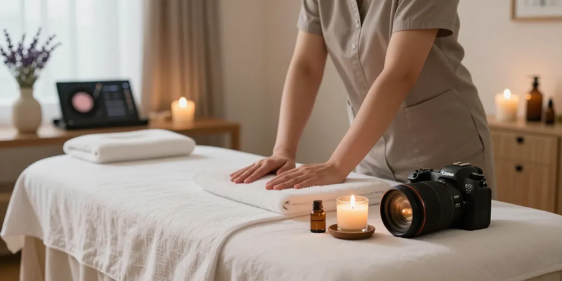 송파출장마사지 setup with peaceful atmosphere, professional therapist preparing massage table with candles and oils.