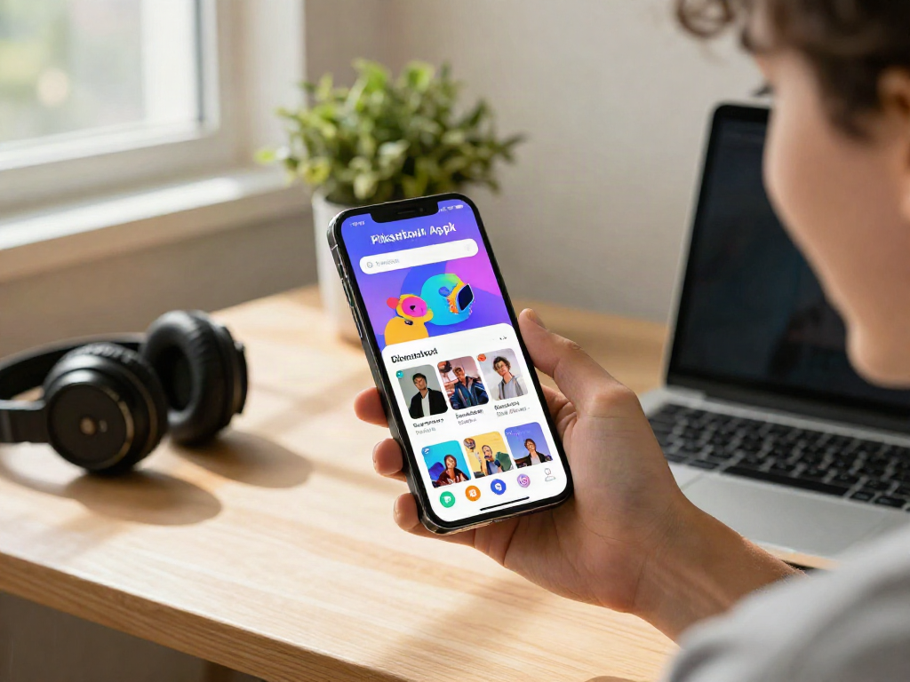 Excited user downloading Pikashow Apk on a smartphone in a vibrant workspace.