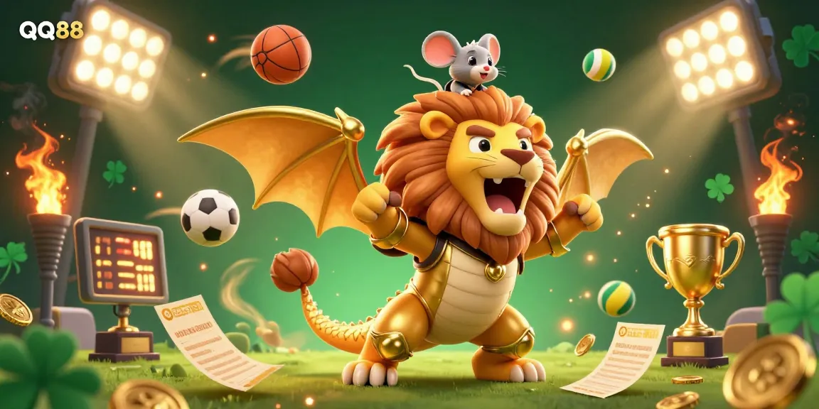 Engage with QQ88's thrilling casino experience in this dynamic illustration of sports betting elements amidst a vibrant casino atmosphere.