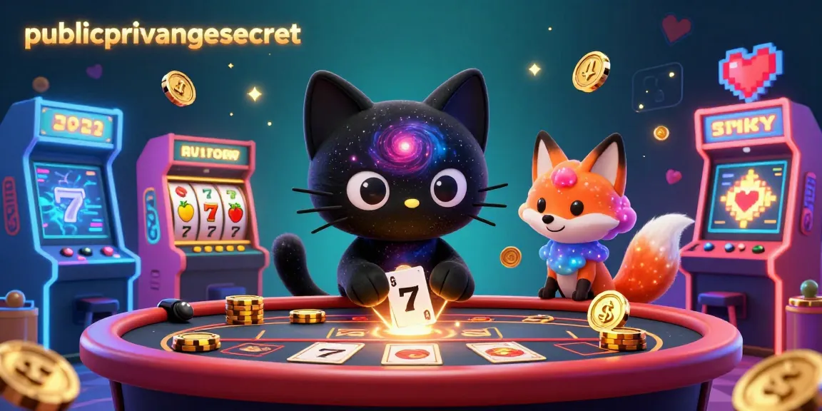Engage with publicprivatesecret at the cosmic casino table, where a black hole cat and colorful fox swirl golden chips and cards.